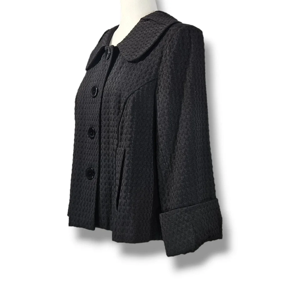 VTG EUC Du Jour Black‎ Textured Rounded Flat Collar Button-Down Jacket Size M
